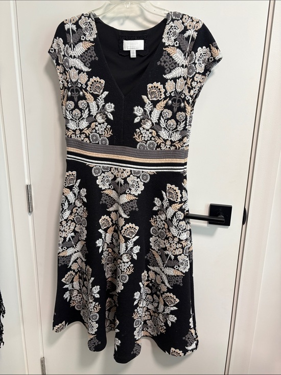 By Anthropologie Dresses & Skirts - Embroidered V-Neck Black Midi Dress with Neutral Floral Detail
